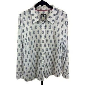 Talbots Blouse Women's Size XL White Pineapple Print Long Sleeve Button Up Shirt